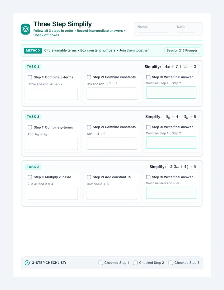 Three Step Simplify Worksheet