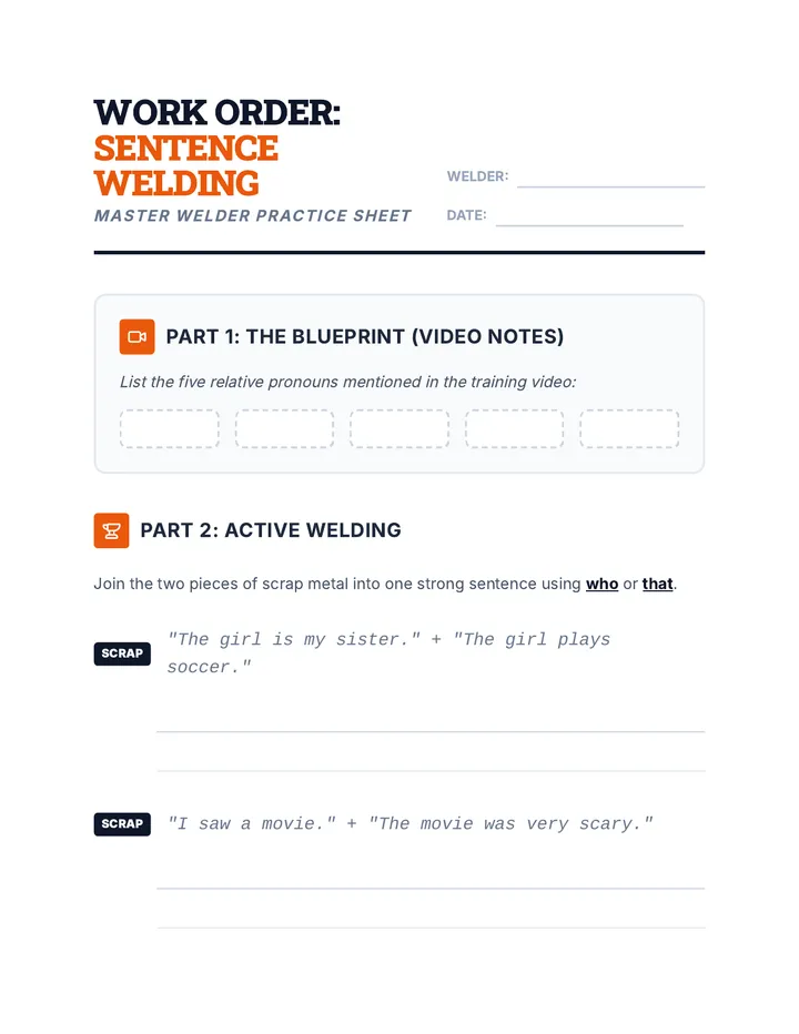 Sentence Welding Worksheet