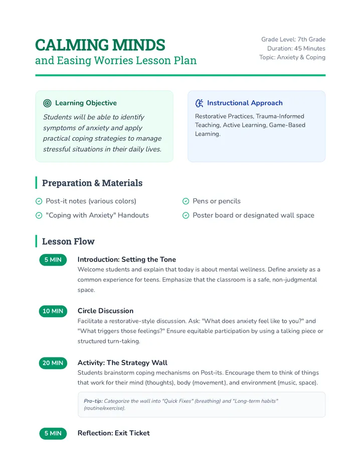 Calming Minds Lesson Plan
