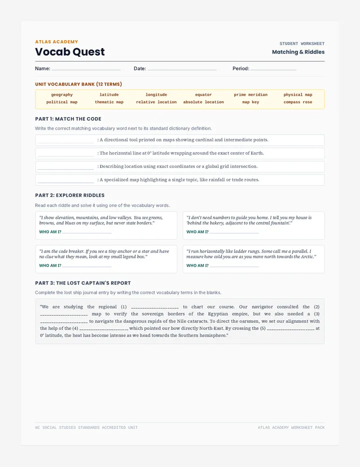 Vocab Quest Matching Activity