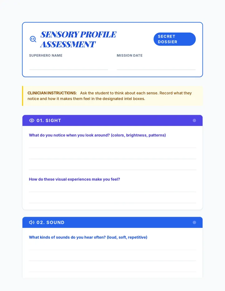 Sensory Profile Assessment Form Worksheet