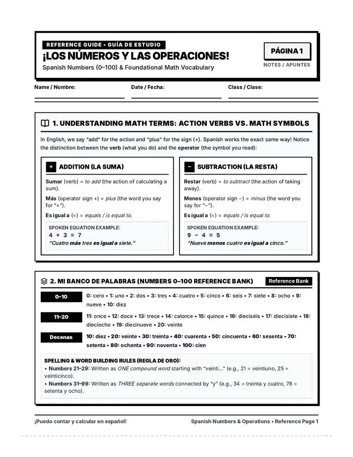 Spanish Numbers and Operations Packet