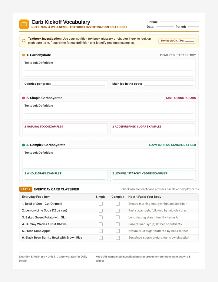 Carb Kickoff Vocabulary Worksheet