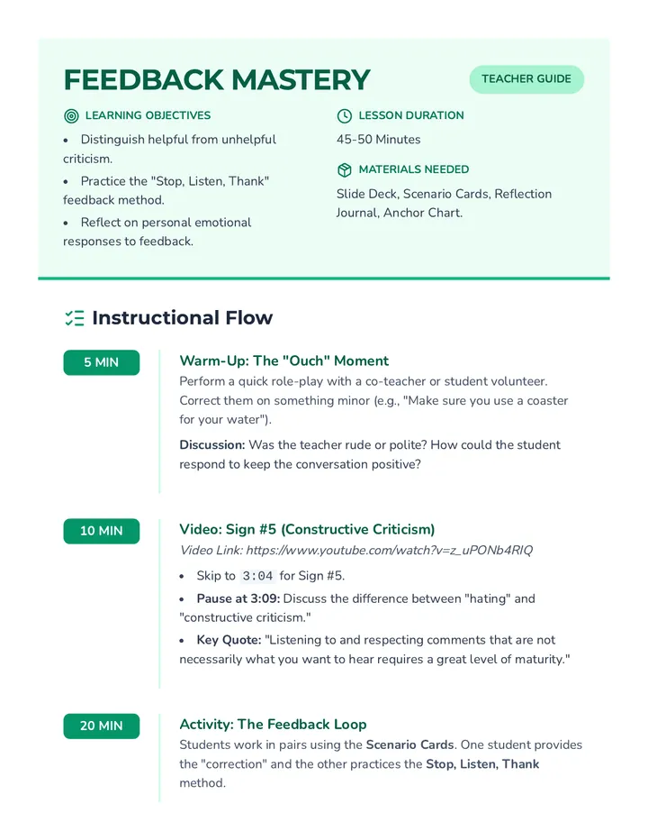 Feedback Mastery Teacher Guide