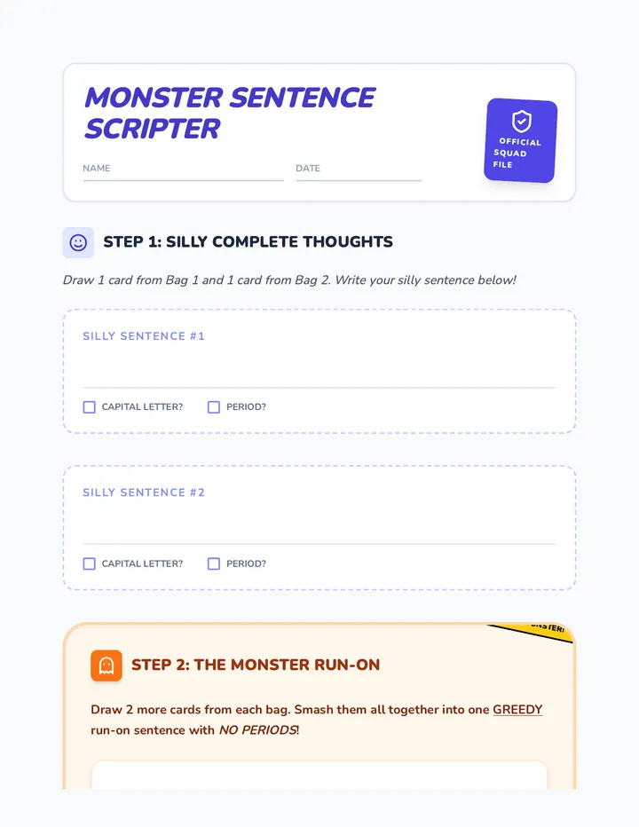 Monster Sentence Scripter Worksheet
