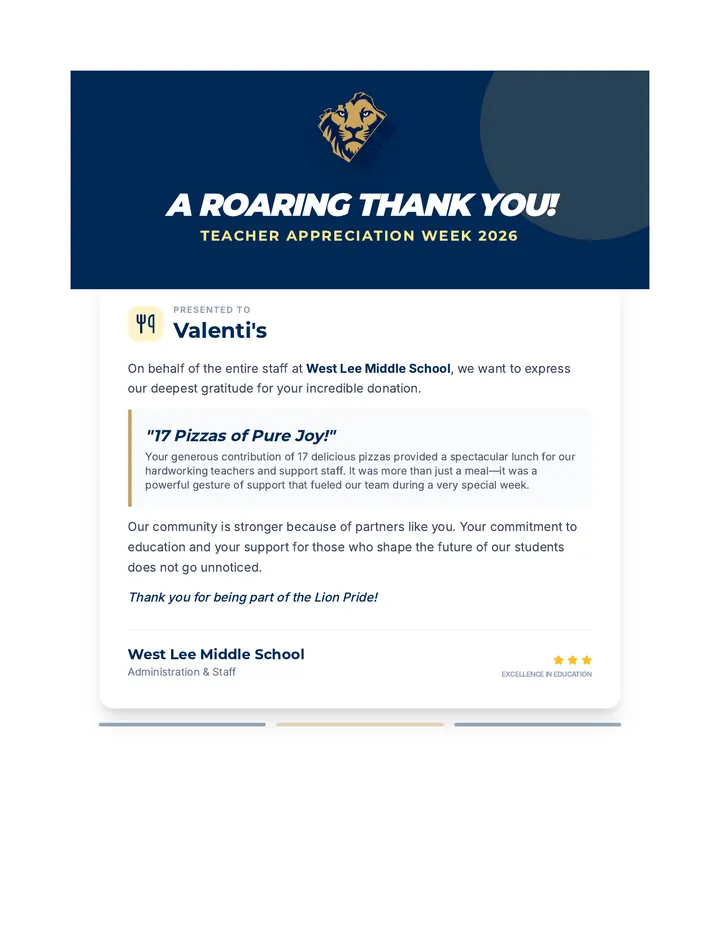 Valenti's Pizza Gratitude Flyer