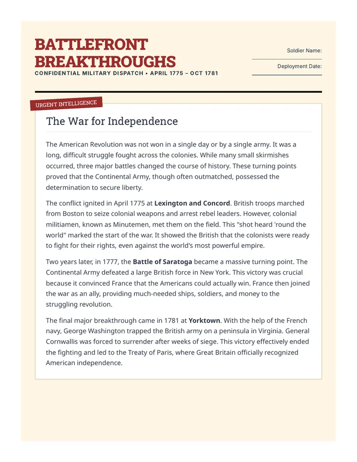 Battlefront Breakthroughs Worksheet