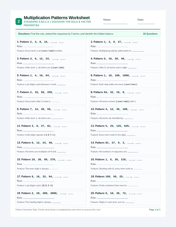 Multiplication Patterns Worksheet