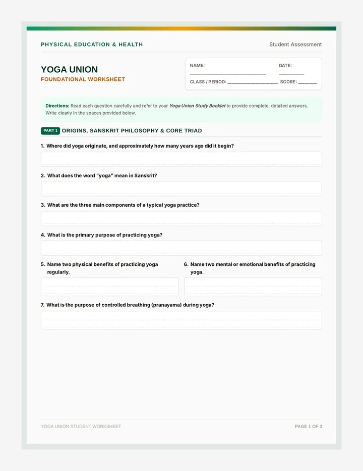 Yoga Union Student Worksheet