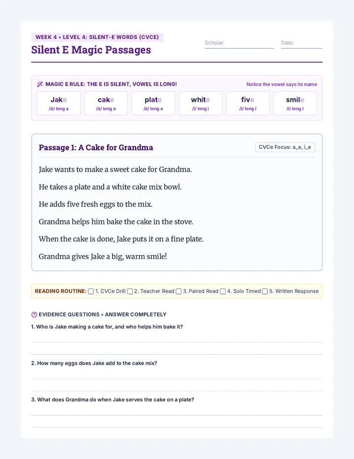 Silent E Passages Worksheet