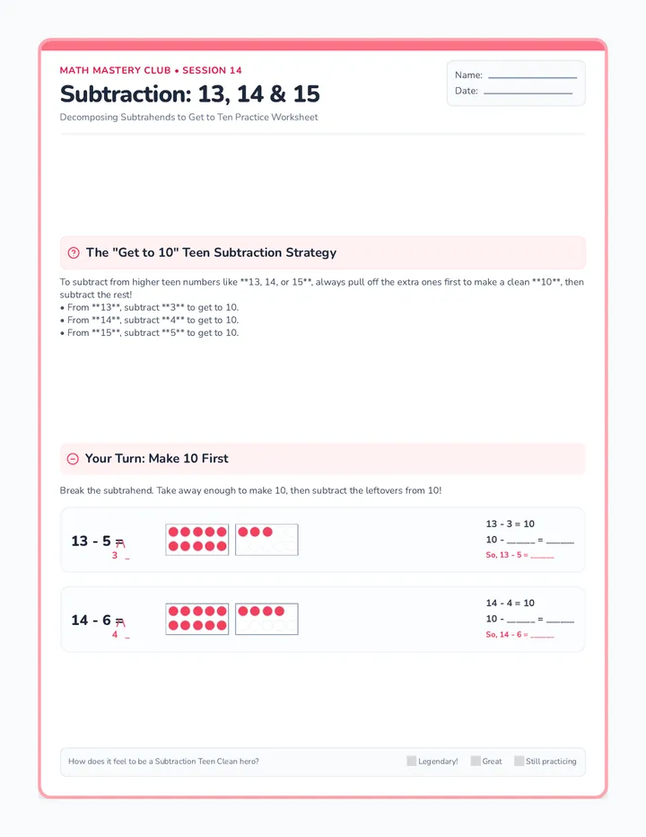 Subtraction Teen Clean Worksheet