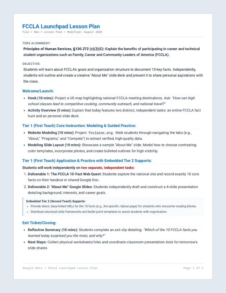 FCCLA Launchpad Lesson Plan