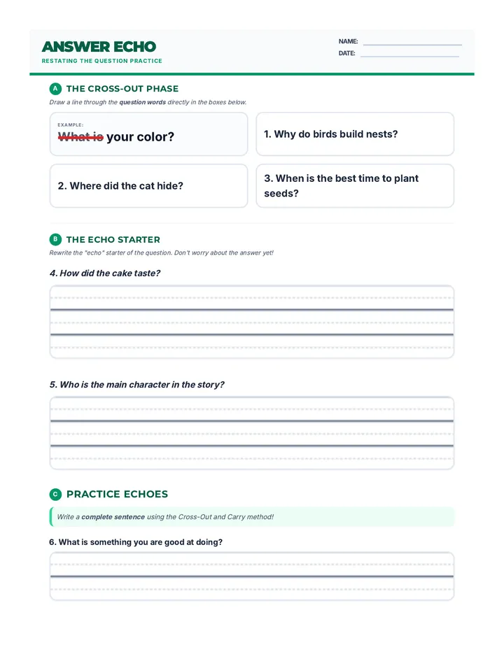 Answer Echo Worksheet