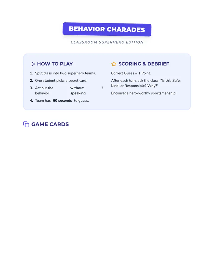Behavior Charades Game Cards