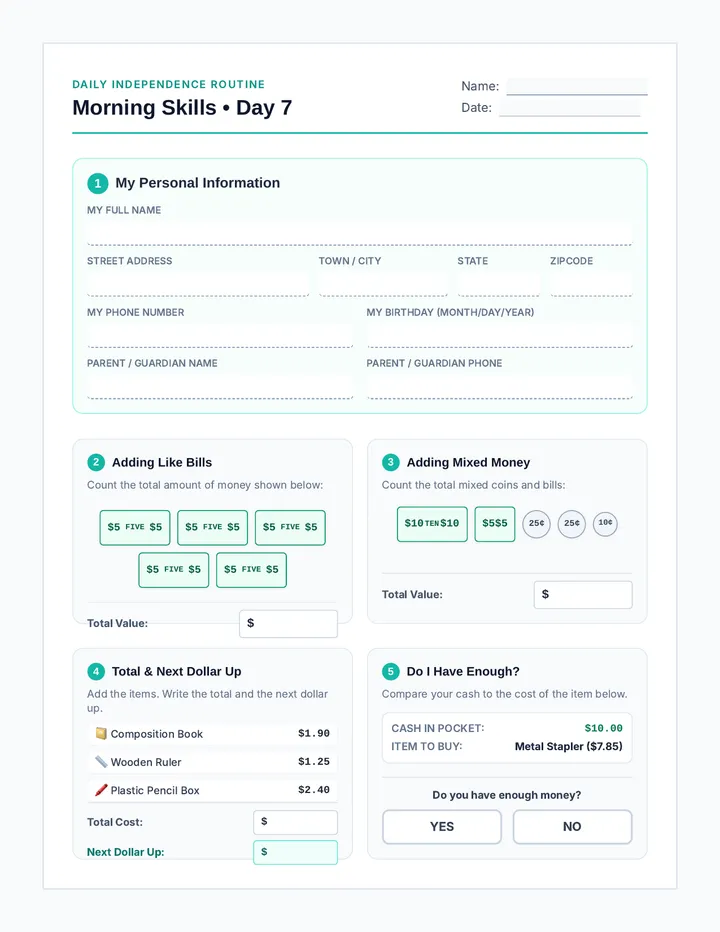 Morning Skills Day 7 Worksheet