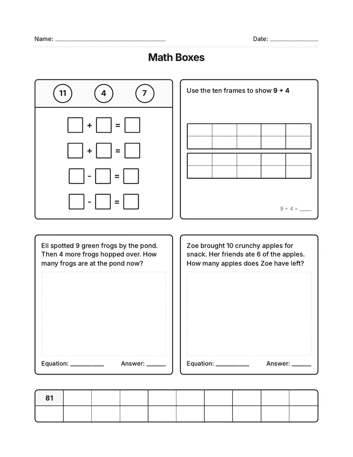 Math Boxes Set Three Worksheet