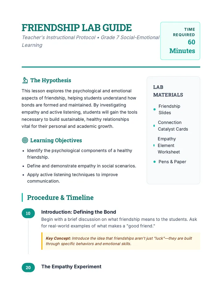 Friendship Lab Guide Lesson Plan