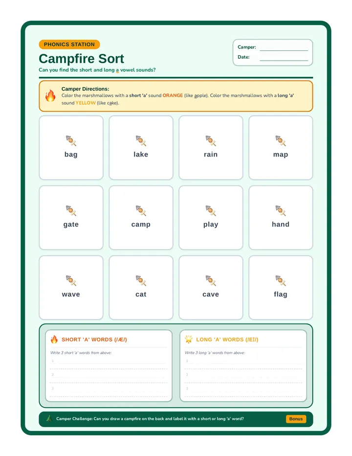 Campfire Sort Worksheet