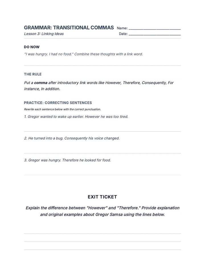 Transitional Commas Worksheet