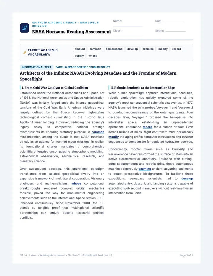 NASA Horizons Reading Assessment