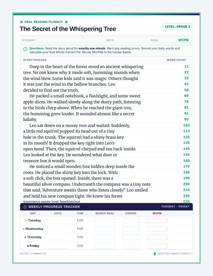 Whispering Tree Fluency Practice Sheet