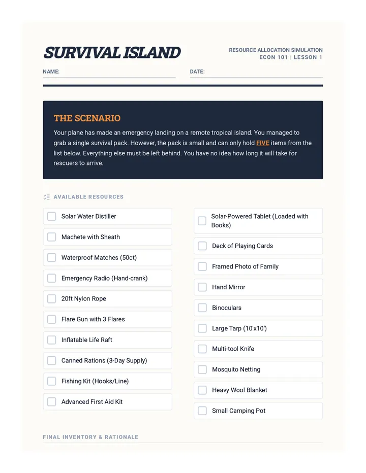 Scarcity Survival Activity Sheet