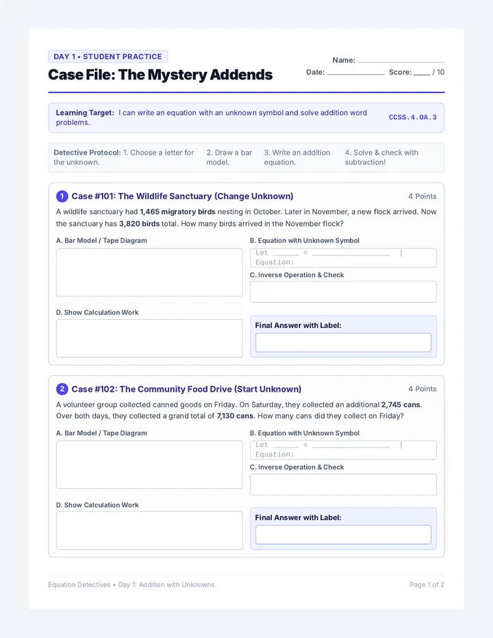 Mystery Addends Worksheet