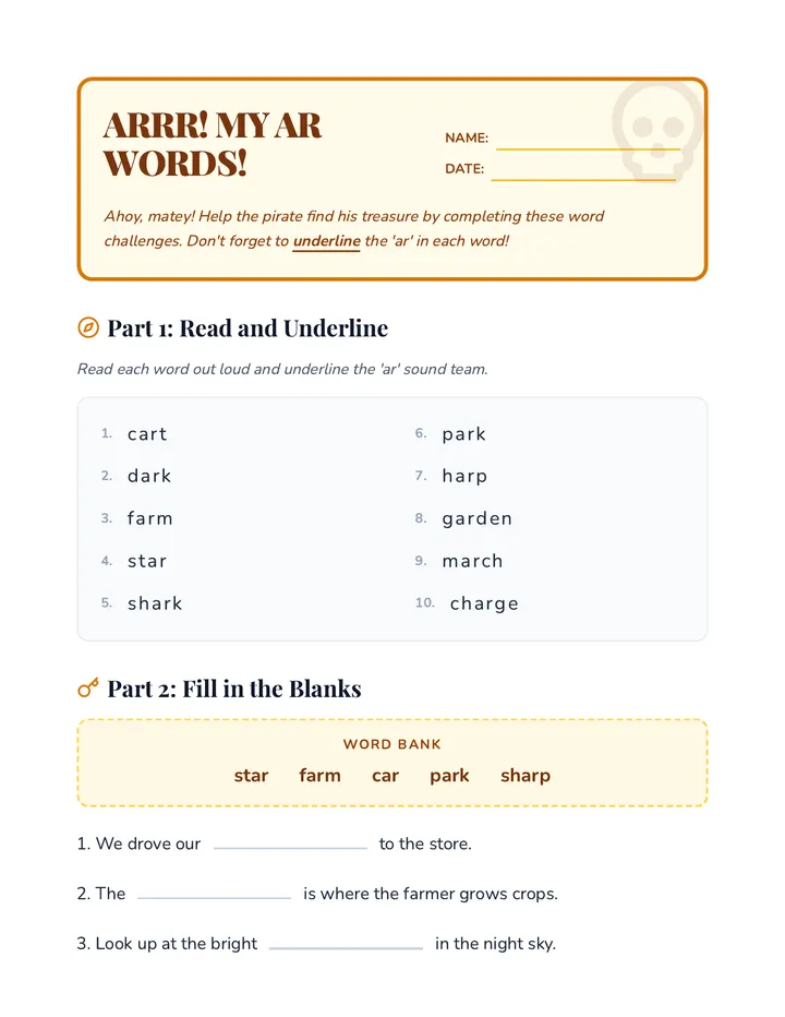 Arrr My AR Words Worksheet