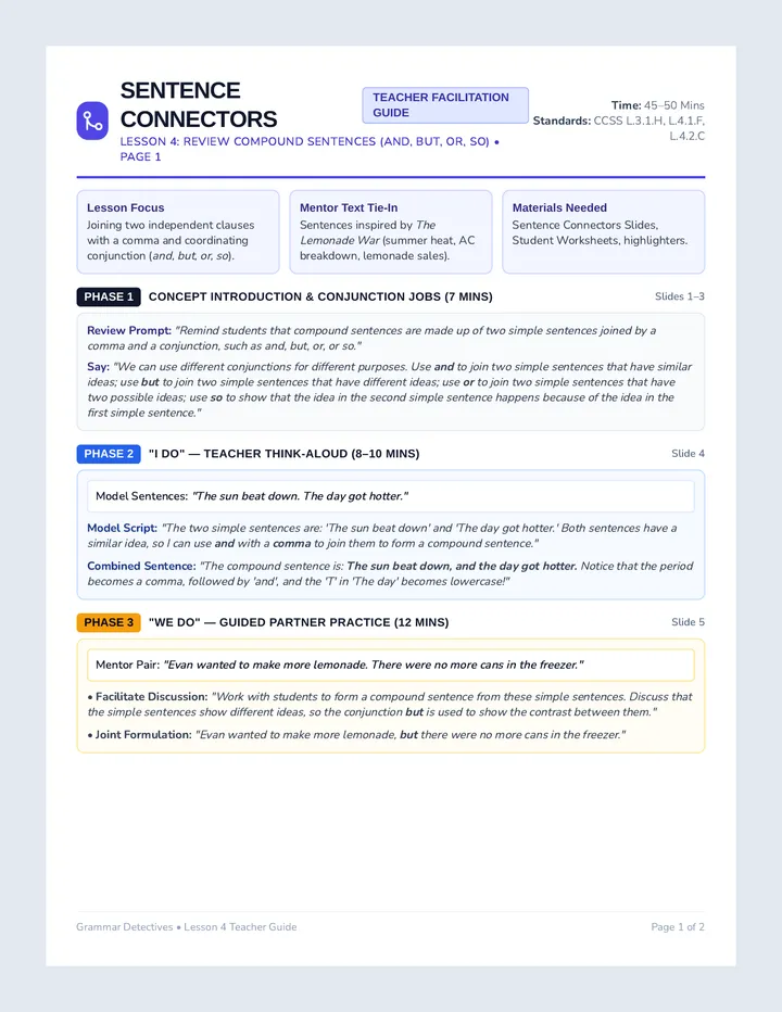 Sentence Connectors Teacher Guide