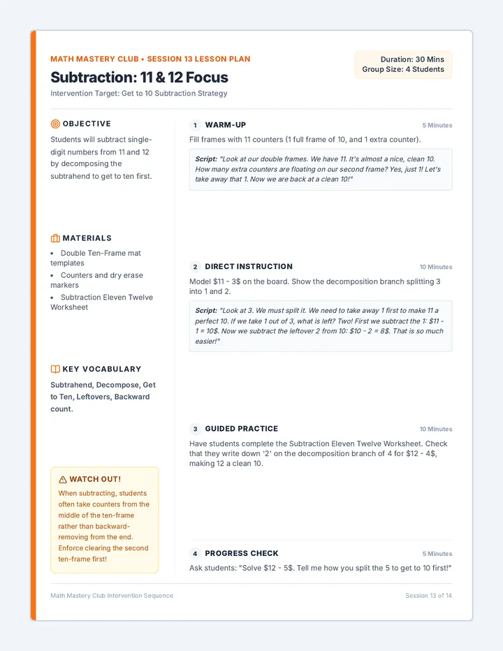 Subtraction Eleven Twelve Plan