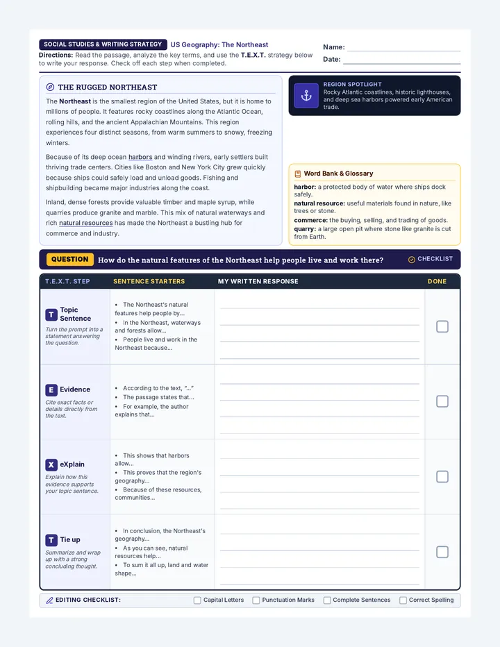 Northeast Region TEXT Worksheet