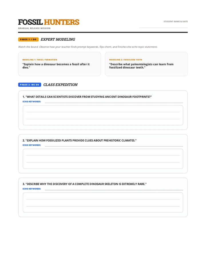 Fossil Hunters Worksheet