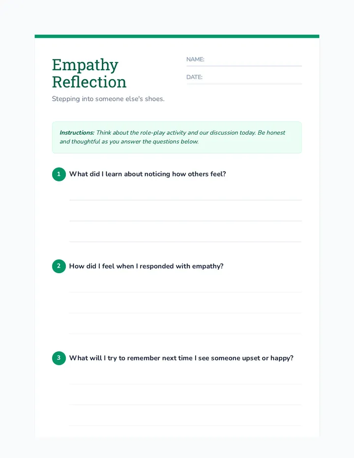 Empathy Reflection Worksheet