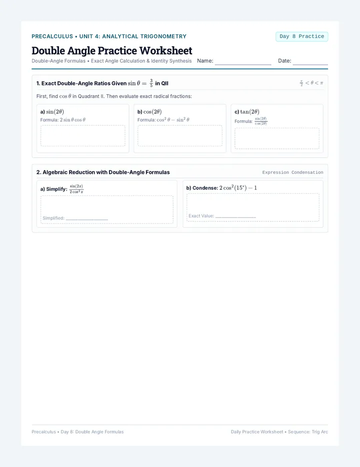 Double Angle Practice Worksheet