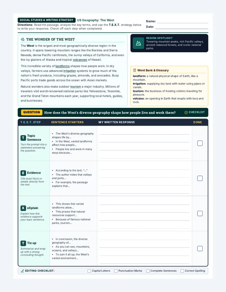 West Region TEXT Worksheet