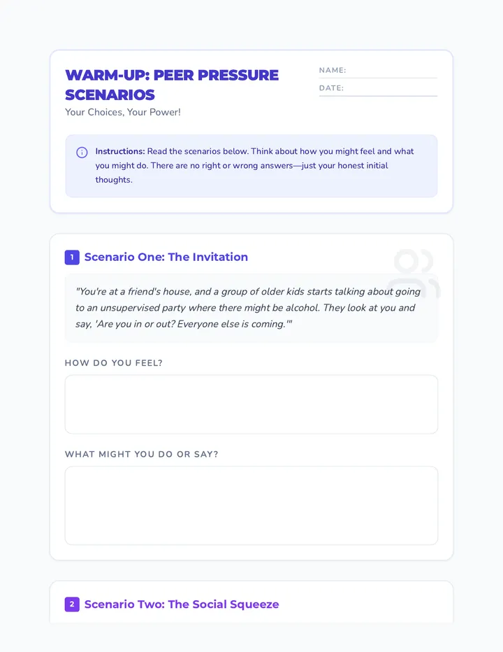 Peer Pressure Scenarios Warm Up