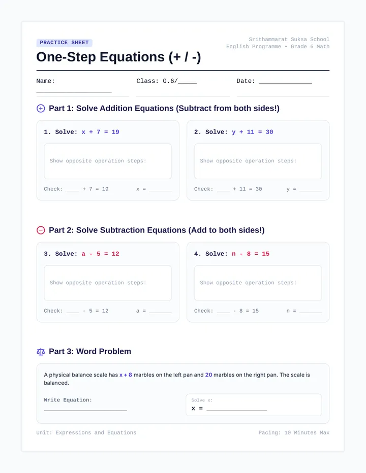 OneStep Equations Addition Subtraction Worksheet