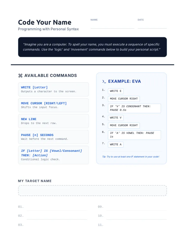 Code Your Name Worksheet