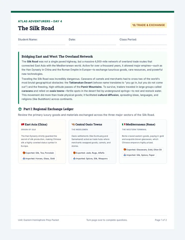 Silk Road Worksheet