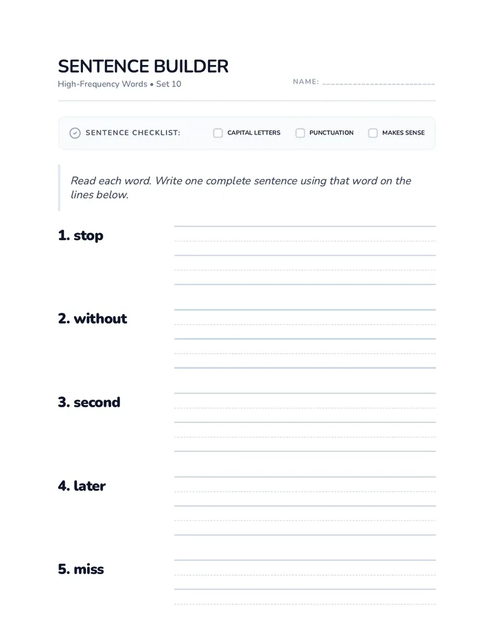 Sentence Builder Set 10 Worksheet