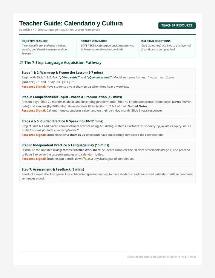 Calendario y Cultura Teacher Guide