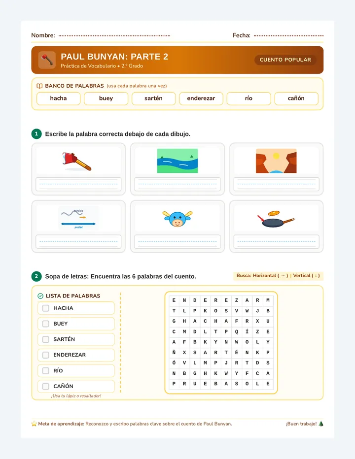 Paul Bunyan Palabras Worksheet