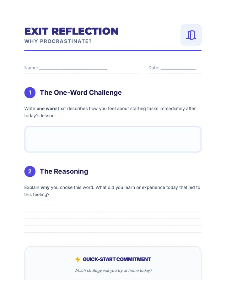 One-Word Exit Reflection Template Cool-Down