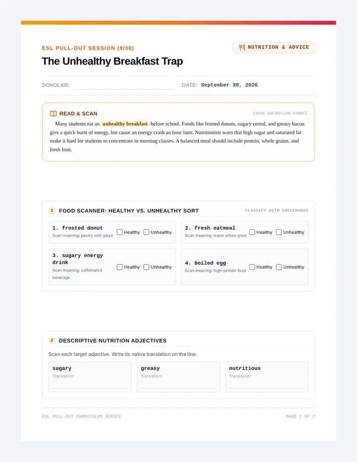 Unhealthy Breakfast Worksheet