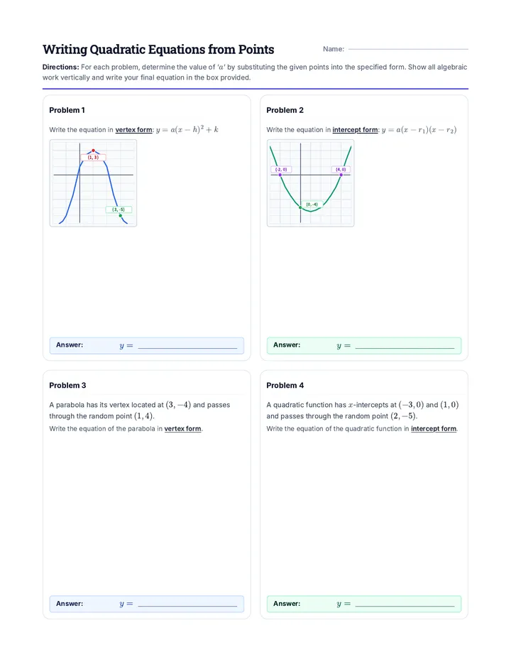 Writing Quadratic Equations Worksheet