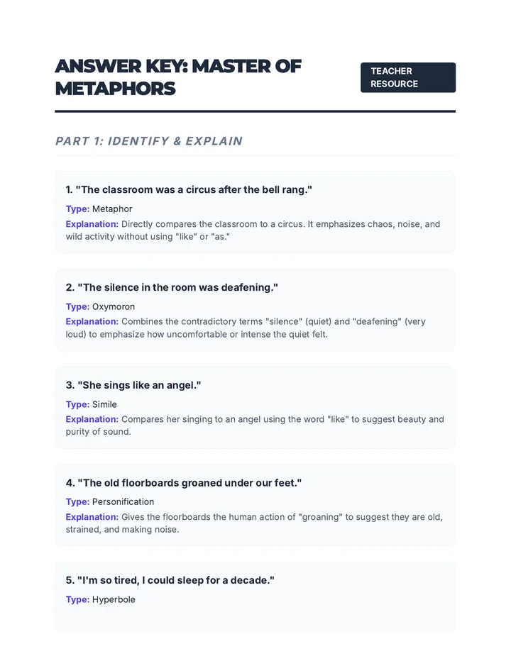 Master of Metaphors Answer Key