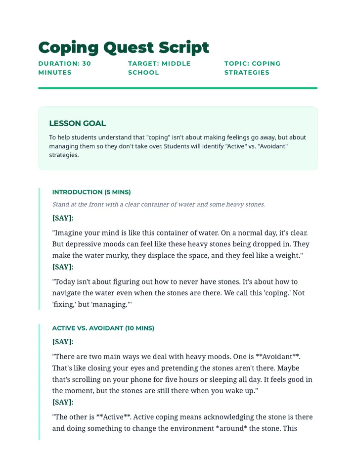 Coping Quest Script Guidance Lesson