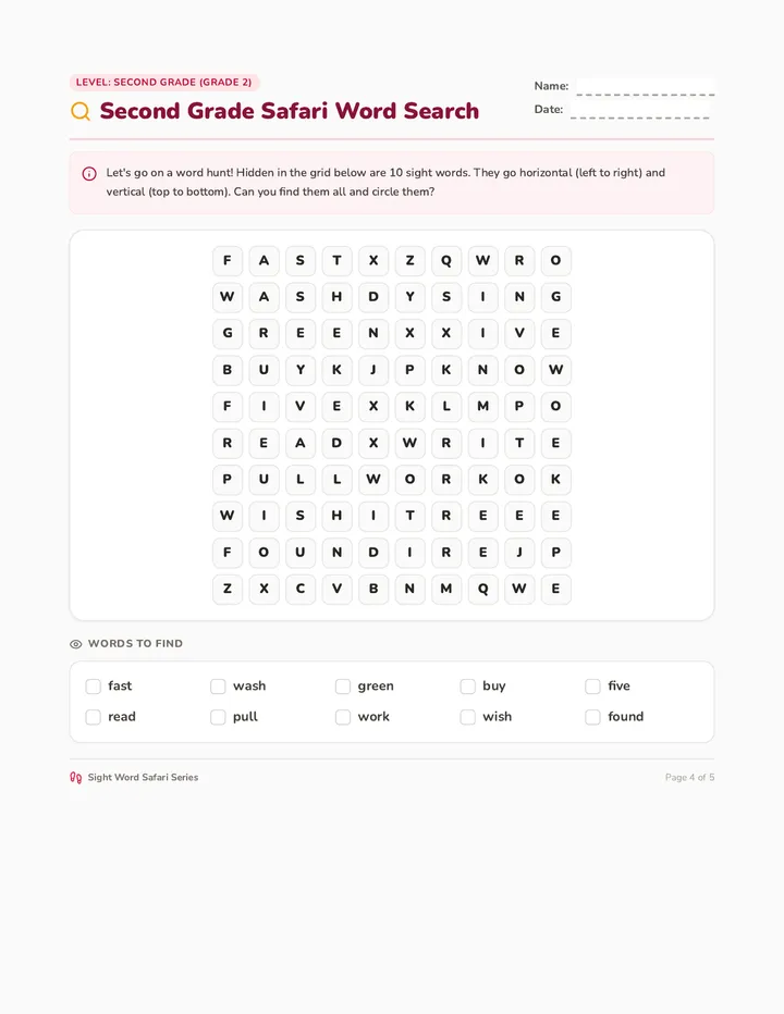 Second Grade Safari Word Search