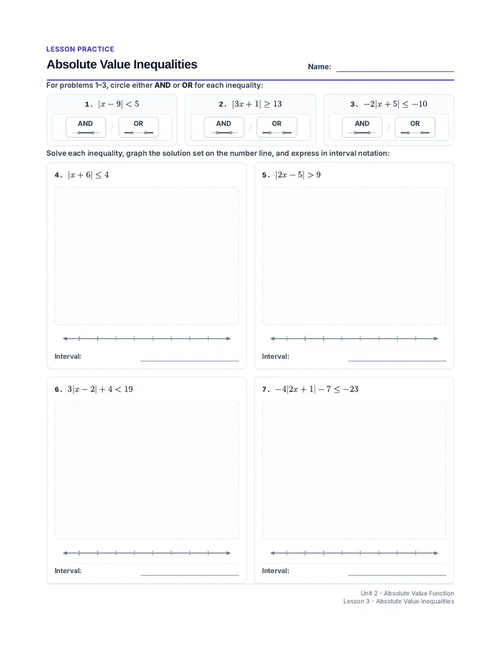 Absolute Value Inequalities Practice