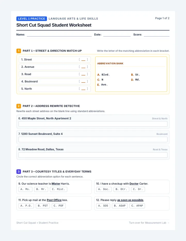 Short Cut Squad Student Worksheet